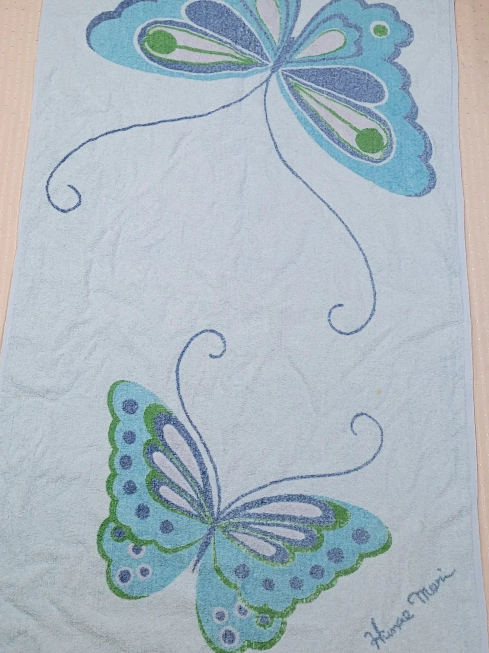 Vintage 1970s Hanae Mori, Martex Butterfly Bath / Beach Towel 26x49 Inches
